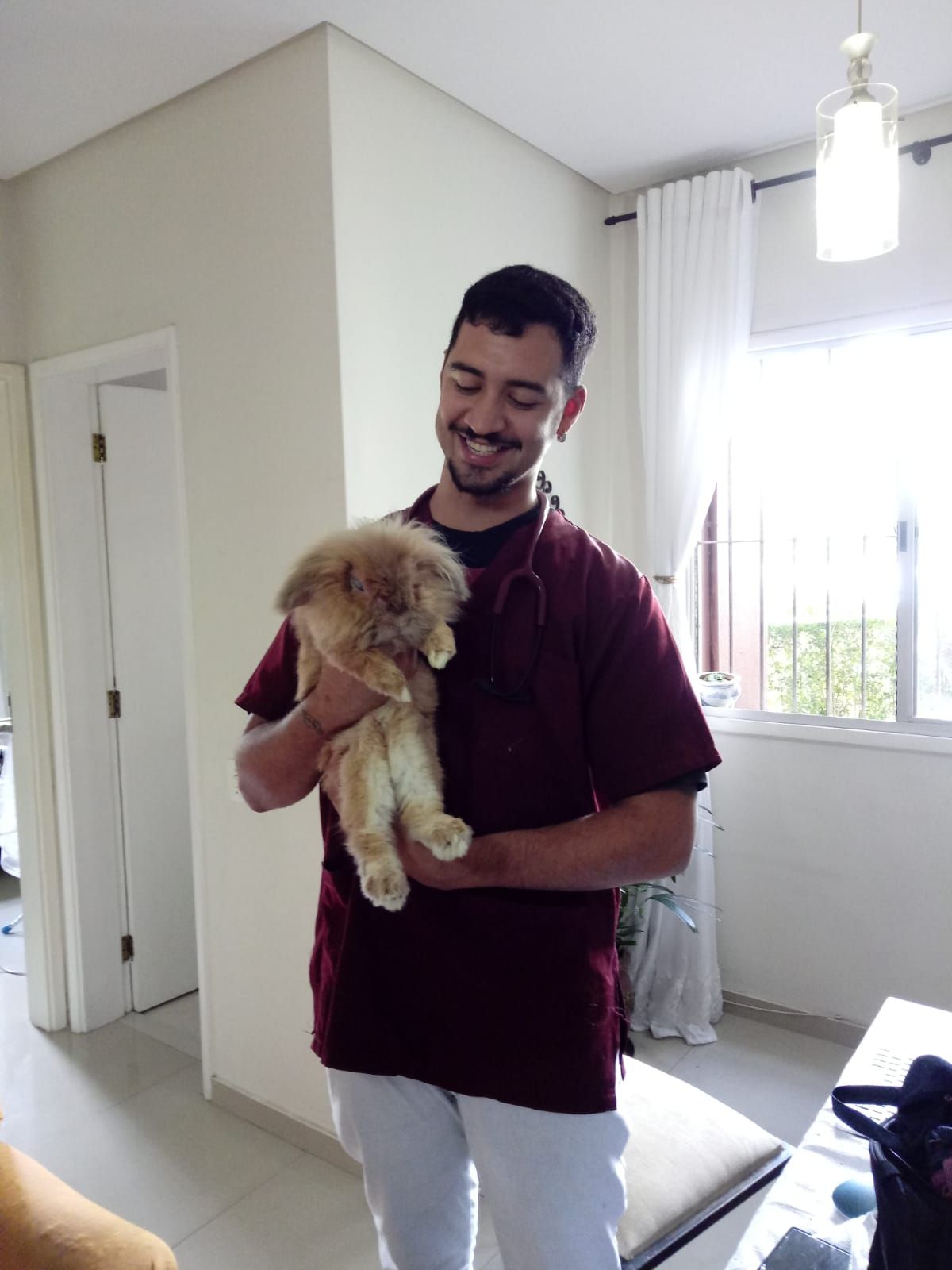 Victor Passaros com um coelho angorá no colo